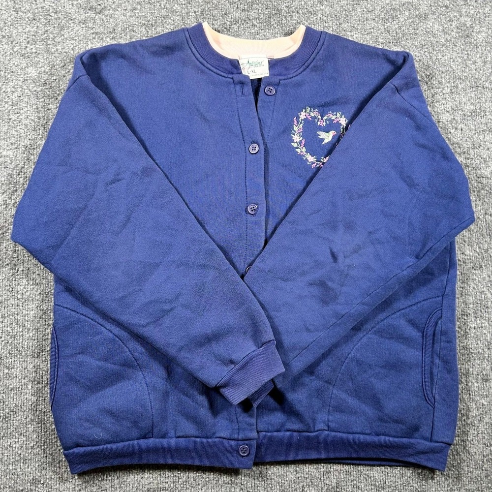 Artisans Cardigan Womens Size L-XL Blue Embroidered Hummingbird Heart USA Made